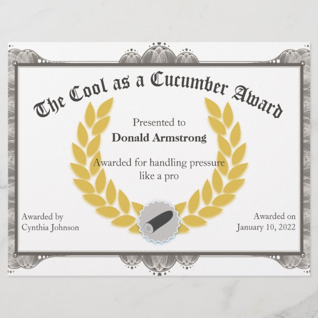 Funny Employee Award - Cool as a Cucumber (Front)