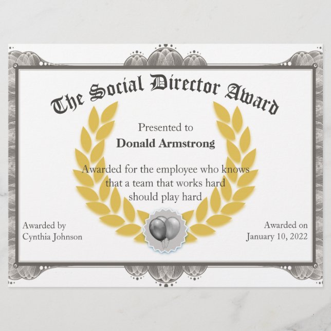 Funny Employee Award -  Social Director (Front)