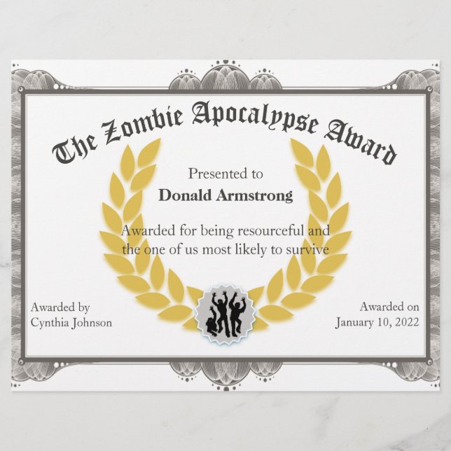Funny Employee Award - Zombie Apocalypse (Front)