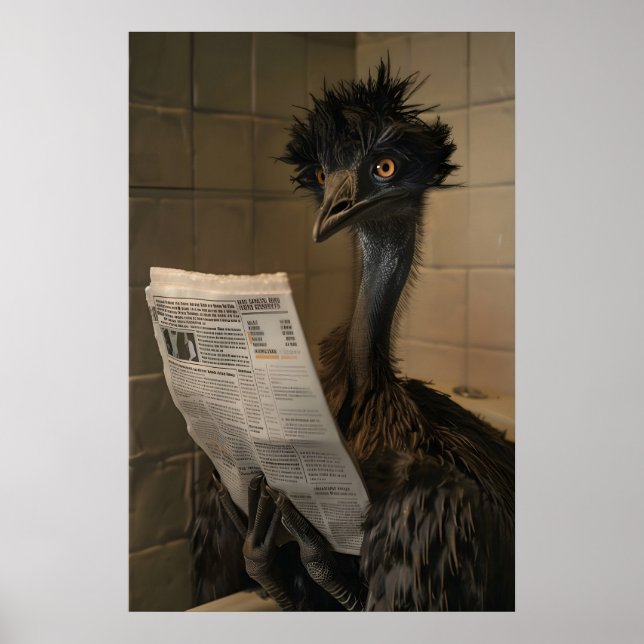 Funny Emu Bathroom Print, Newspaper Reading Animal Poster (Front)