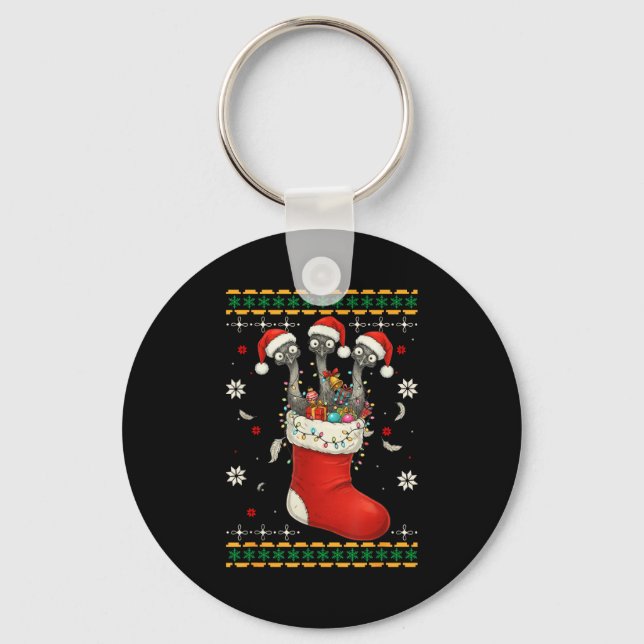 Funny Emu Bird In Xmas Socks Lights Christmas  Key Ring (Front)