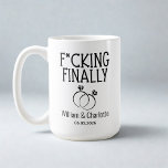 Funny engagement mug engagement gift, engagement<br><div class="desc">Celebrate their journey to "finally" being engaged with this hilarious coffee mug! Featuring bold "F*cking Finally" text, a sweet engagement ring illustration, and personalised with the couple's names and engagement date. This mug is sure to bring a laugh and is a fun, memorable gift for the newly engaged couple.The perfect...</div>