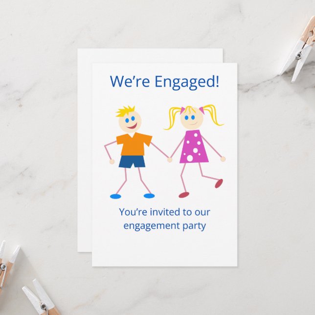 Funny Engagement Party Stick Figure Invitation (Front/Back In Situ)
