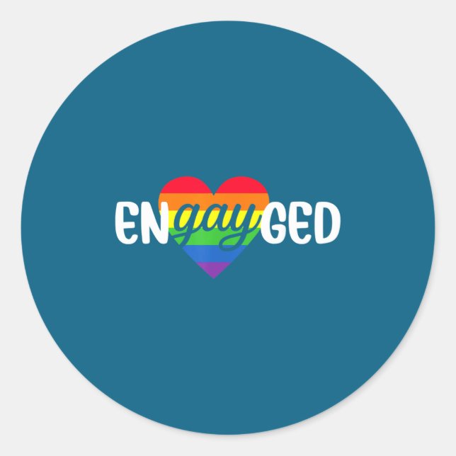 Funny Engayged Gay Couple Engagement Party Rainbow Classic Round Sticker (Front)