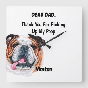 Funny English Bulldog Dad Watercolor Canine Art Square Wall Clock