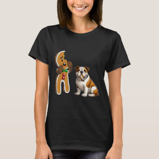 Funny English Bulldog Dog Biting Gingerbread Merry T-Shirt