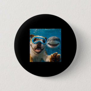 Funny English Bulldog Dog Selfie With Shark Ocean 6 Cm Round Badge