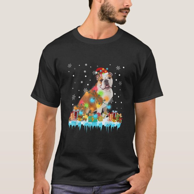 Funny English Bulldog Dog Tree Christmas Lights Xm T-Shirt (Front)