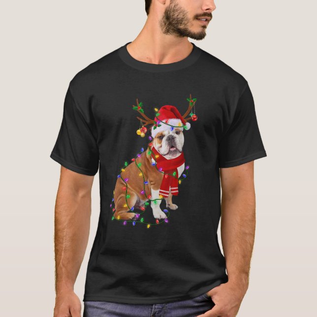 Funny English Bulldog Dog Tree Christmas Lights Xm T-Shirt (Front)