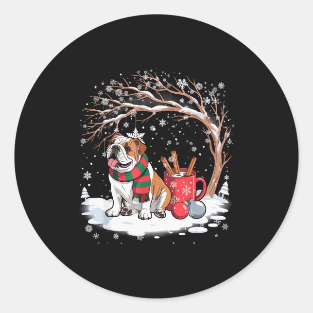 Funny English Bulldog In The Snow Tree Christmas W Classic Round Sticker (Front)