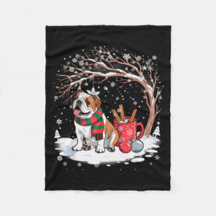 Funny English Bulldog In The Snow Tree Christmas W Fleece Blanket