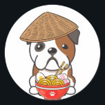 Funny english bulldog is eating noodles classic round sticker<br><div class="desc">Funny english bulldog is eating noodles</div>