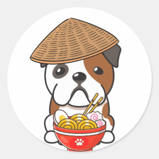 Funny english bulldog is eating noodles classic round sticker