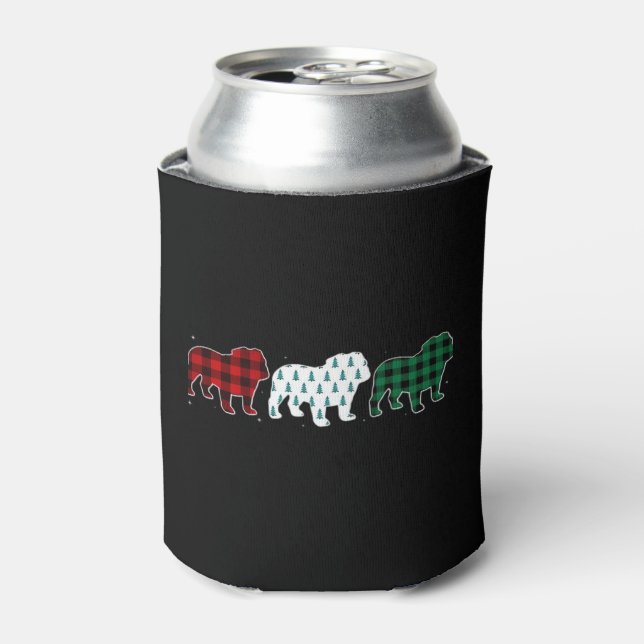 Funny English Bulldog Red Plaid Christmas Dog Love Can Cooler (Can Front)