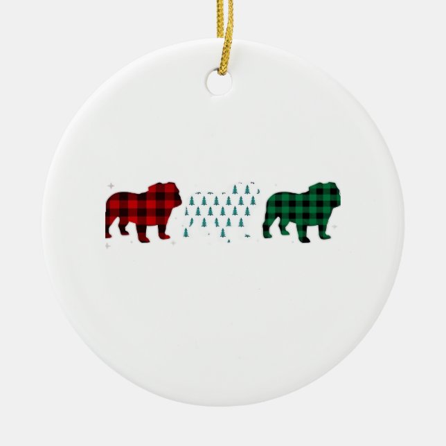 Funny English Bulldog Red Plaid Christmas Dog Love Ceramic Tree Decoration (Front)
