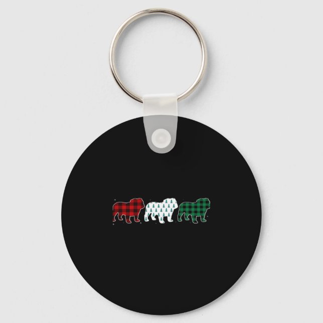 Funny English Bulldog Red Plaid Christmas Dog Love Key Ring (Front)