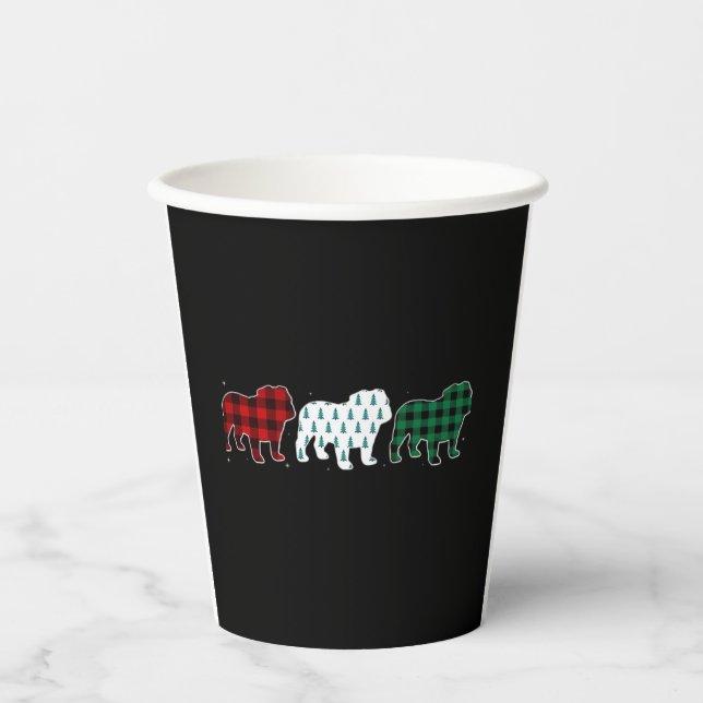 Funny English Bulldog Red Plaid Christmas Dog Love Paper Cups (Front)