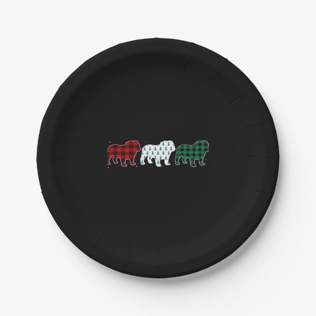 Funny English Bulldog Red Plaid Christmas Dog Love Paper Plate (Front)