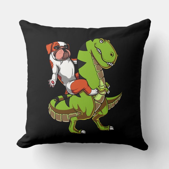 Funny English Bulldog Riding T-Rex Dinosaur Cushion (Front)
