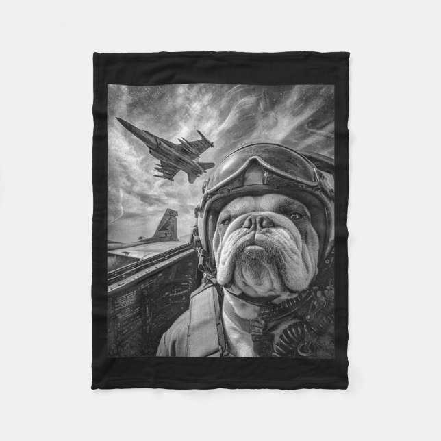 Funny English Bulldog Selfie Fighter Jet Lot Aviat Fleece Blanket (Front)