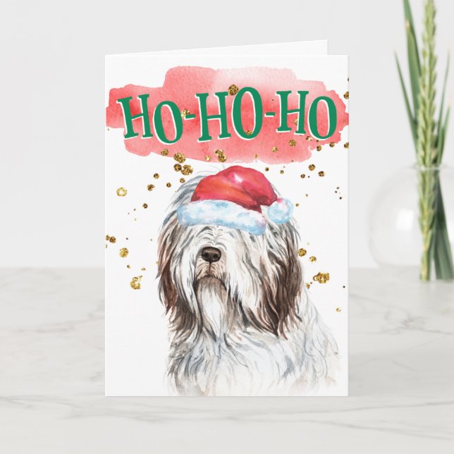 Funny English sheepdog Santa hat yappy howlidays Holiday Card (Front)