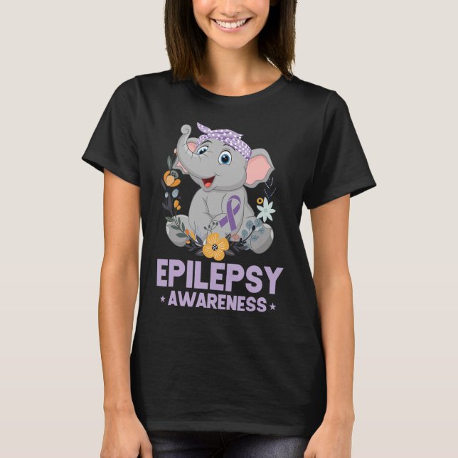 Funny Epilepsy Awareness Flower Elephant Ribbon 1 T-Shirt (Front)