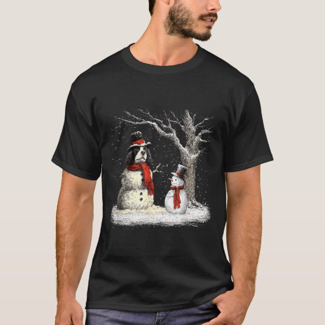 Funny Er Spaniel Dog In The Snow Tree Christmas Wi T-Shirt (Front)