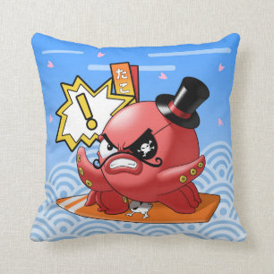 Funny Evil Octopus with Moustache and Seigaiha Cushion
