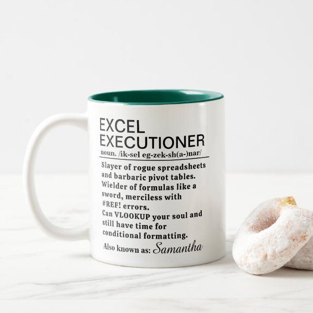 Funny Excel Executioner Definition Personalized Two-Tone Coffee Mug (With Donut)