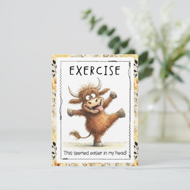 Funny Exercise Highland Cow Greeting Card (Standing Front)