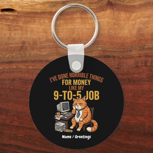 Funny Exhausted Ginger Cat 9-to-5 Work Humour Key Ring (Front)