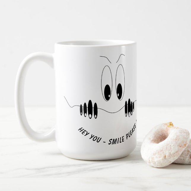 Funny Eyes Coffee Mug Smile - Custom Text (With Donut)