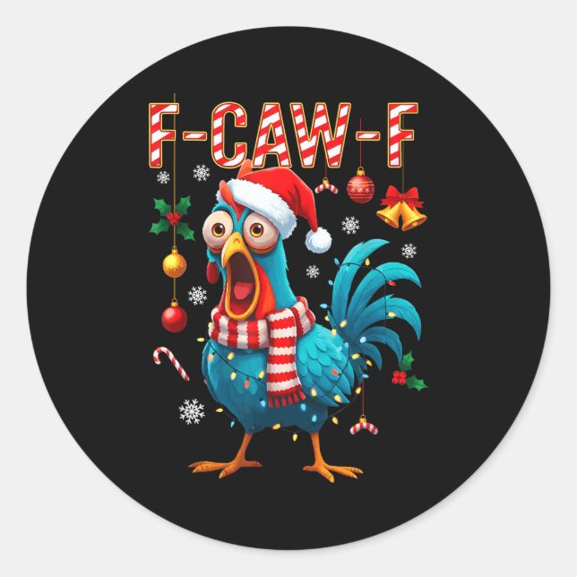 Funny F-caw-f Christmas Chicken Xmas Lights Santa  Classic Round Sticker (Front)