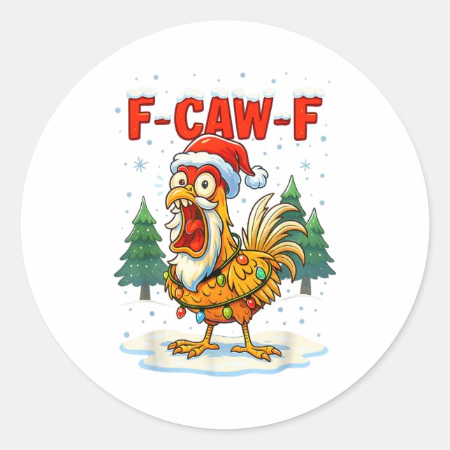 Funny F-caw-f Christmas Chicken Xmas Lights Santa  Classic Round Sticker (Front)