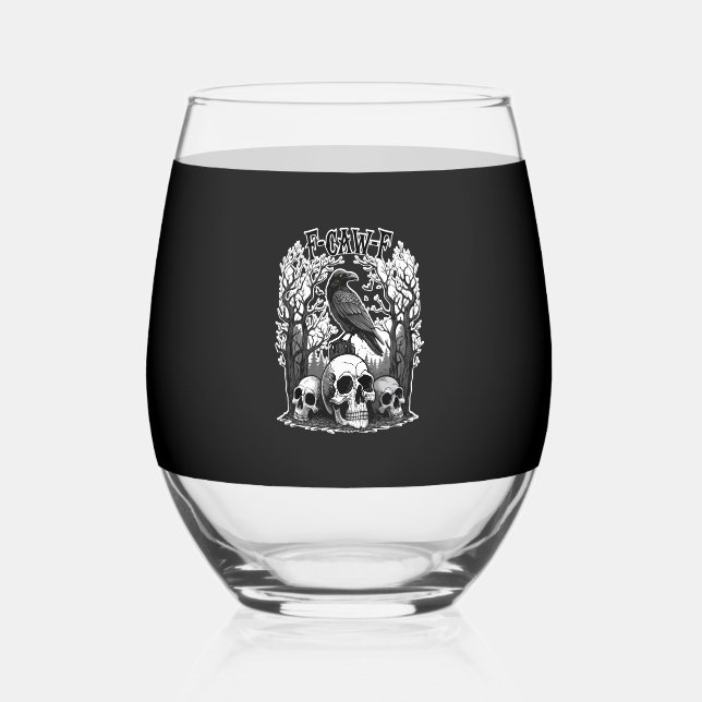 Funny F Caw F Raven Halloween Stemless Wine Glass (Front)