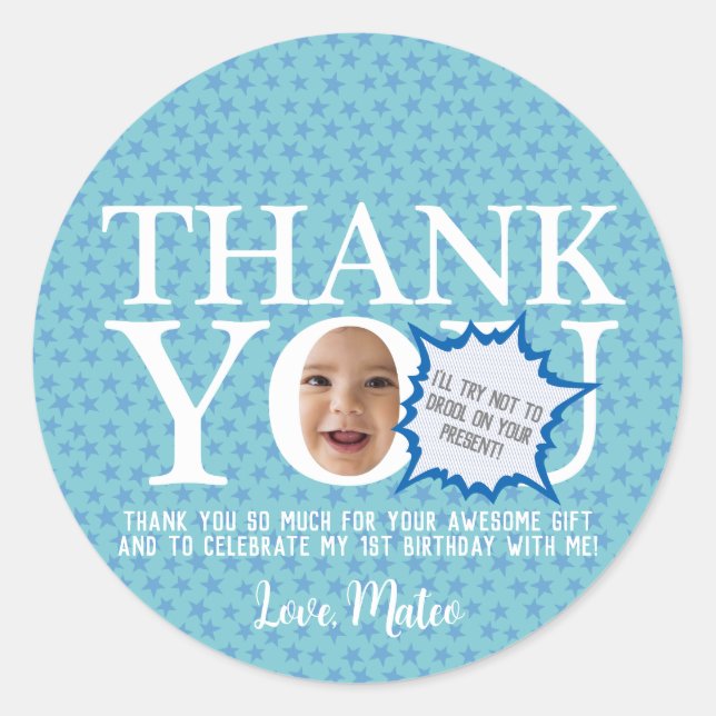Funny face blue birthday party thank you Sticker (Front)