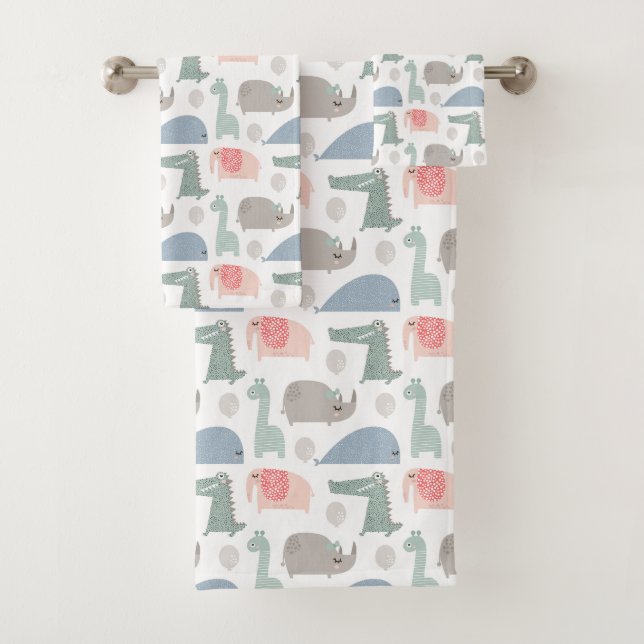 Funny Face Cute Doodle Animal Pattern Bath Towel Set (Insitu)