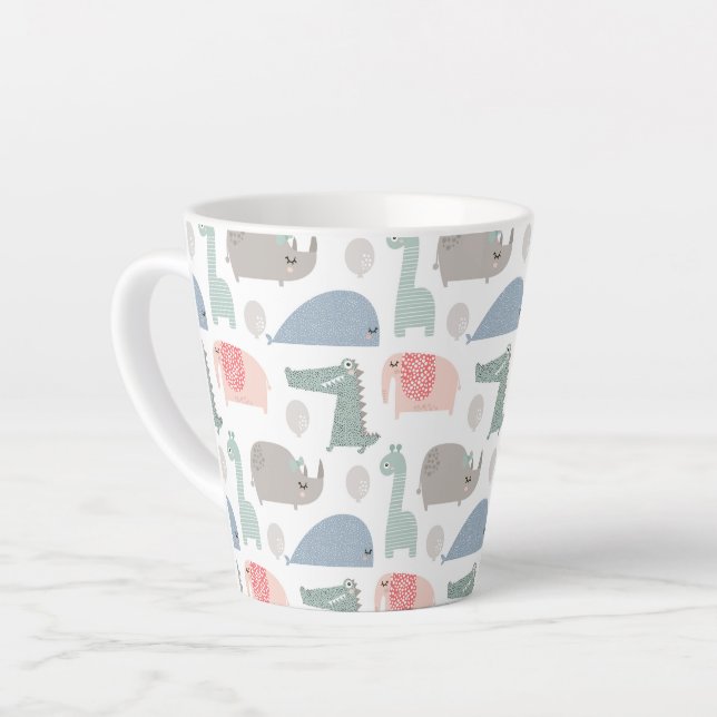 Funny Face Cute Doodle Animal Pattern Latte Mug (Left Angle)