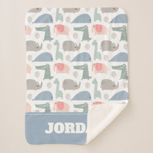 Funny Face Cute Doodle Animal Pattern Sherpa Blanket