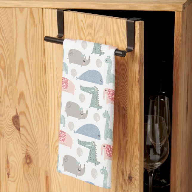 Funny Face Cute Doodle Animal Pattern Tea Towel (Thirds Fold)