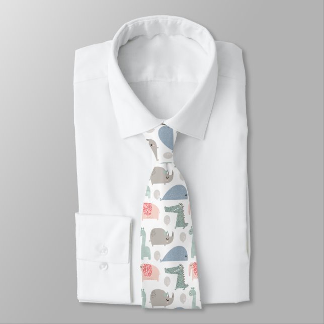 Funny Face Cute Doodle Animal Pattern Tie (Tied)