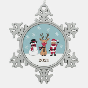 Funny Face Mask Santa Reindeer Snowman Snowflake Pewter Christmas Ornament