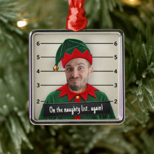 Funny Face Mugshot Ornament, Elf Mugshot Gag Metal Tree Decoration