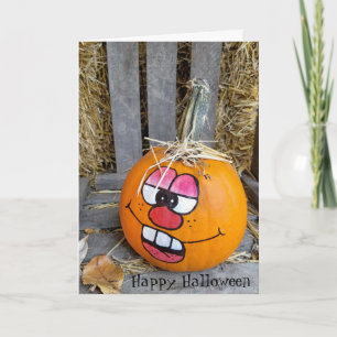 funny face on painted Halloween pumpkin Card