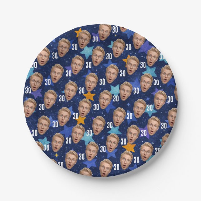 Funny Face Personalized Photo Blue Party Paper Plate (Front)
