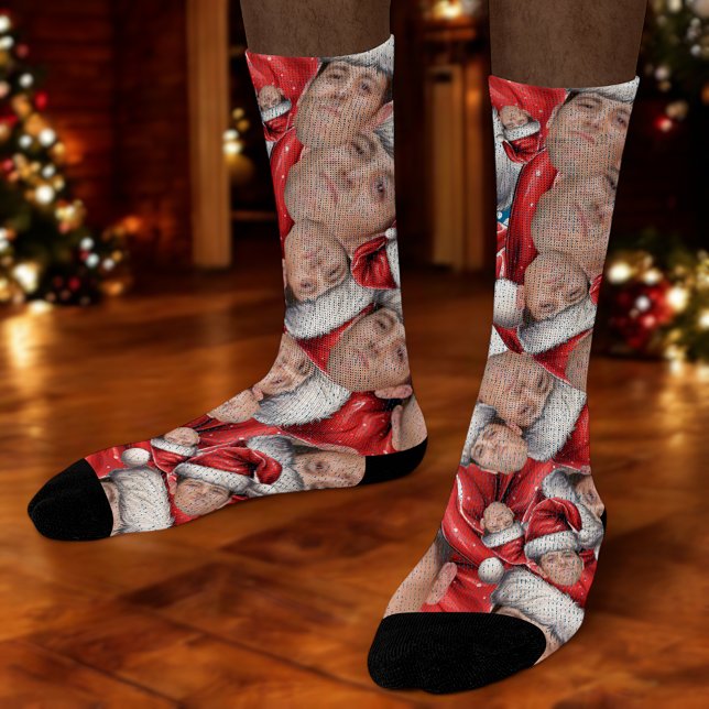 Funny Face Photo in Santa Hat Christmas Crew Socks (Creator Uploaded)