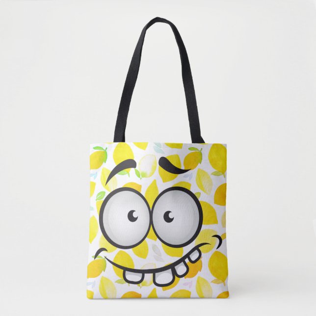 Funny face smiling colourful pattern citrus yellow tote bag (Front)