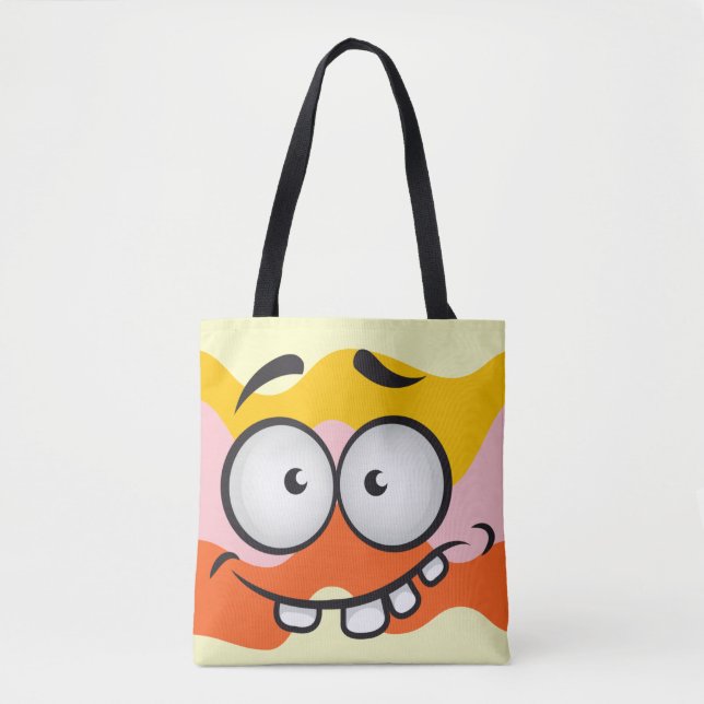 Funny face smiling colourful pattern orange yellow tote bag (Front)
