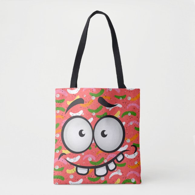 Funny face smiling colourful pattern pink orange tote bag (Front)