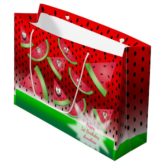 Funny Face Watermelon Kid's Birthday Large Gift Bag (Front Angled)